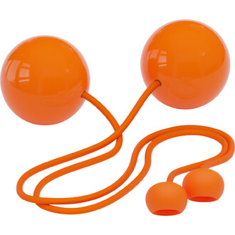 Bolas Contact 80mm Play de couleur orange, composées de deux balles brillantes reliées par une corde orange. Les extrémités de la corde sont dotées de petites protection pour les mains.