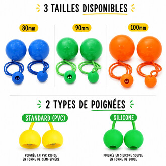 Bolas de contact Play en trois tailles (80 mm bleu, 90 mm vert, 100 mm orange) avec leurs cordes assorties.