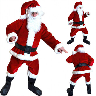 Costume de père Noël avec un chapeau rouge, une veste et un pantalon rouge orné de fausse fourrure blanche, ceinturé avec une large ceinture noire, représentant une personne en pose festive.