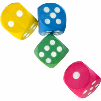 These bouncing rubber dice can be used indoors and outdoors for a variety of games and activities.