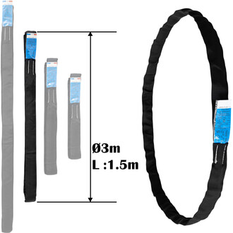 Elingue ronde en tissu, diamètre de 3 mètres et longueur de 1,5 mètre, présentée avec plusieurs élingues plates en arrière-plan. Les étiquettes de certification sont visibles sur chaque élingue.
