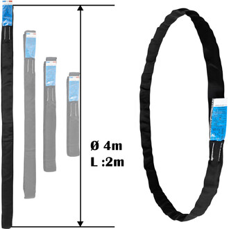 Elingue ronde noire avec une longueur de 2 mètres et un diamètre de 4 mètres, présentée avec plusieurs échantillons en arrière-plan. Étiquettes visibles sur les produits pour des informations supplémentaires.