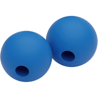 Deux boules en silicone de couleur bleue, avec une surface lisse et un trou central, destinées à être utilisées avec des poignées de jonglerie. Les boules sont marquées du mot PLAYJUGGLING et sont positionnées côte à côte.