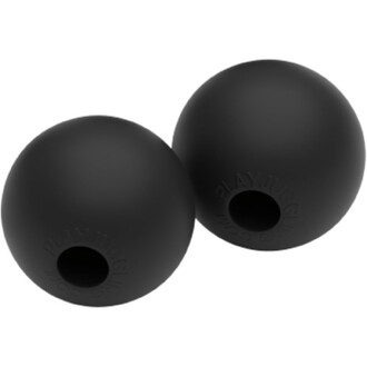 Balles en silicone noir, sphériques avec un trou central, logo PLAY visible sur le côté, utilisées pour les poignées de jonglerie.