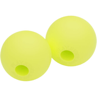 Boules de jonglage en silicone de couleur jaune fluo, avec un trou central, étant deux exemplaires posés l'un à côté de l'autre.