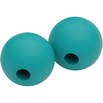 Balles de jonglage en silicone de couleur turquoise, avec un trou central, présentées en duo.