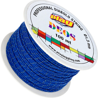 Bobine blanche de ficelle DEOS bleue avec petits points jaunes, destinée au diabolo, longueur 100 m (logo Play Juggling sur l’étiquette).