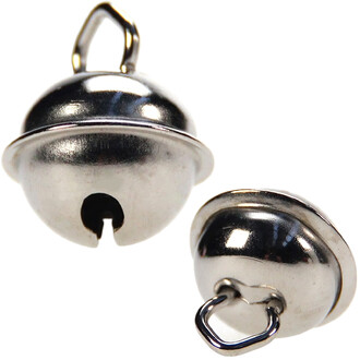 Grelot argenté de 11 mm en métal, avec une finition brillante. Un grelot est visible de face, et un autre est présenté de profil, montrant leur forme sphérique et l'attache en métal sur le dessus.