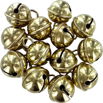 Grelots dorés de 19 mm, regroupés en un ensemble, montrant leur surface brillante et leur design rond avec une fente sur le côté pour émettre un son.