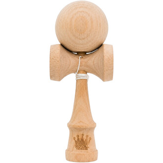 Kendama Royal en bois clair, vue de face avec la balle (tama) au sommet, corde blanche autour du manche et logo Royal Kendama gravé sur la base.