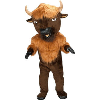 Mascotte Bill le Bison, costume de bison avec une tête large, des cornes, des yeux expressifs et un corps recouvert de fourrure brun foncé et dorée, tenant les bras ouverts.