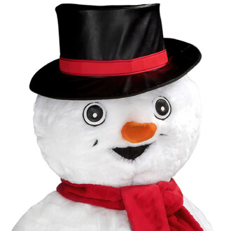 Bonhomme de neige souriant avec un chapeau haut de forme noir orné d'un ruban rouge, un nez en carotte et une écharpe rouge autour du cou. Ses yeux sont ronds et expressifs, ajoutant une touche joyeuse à son apparence.