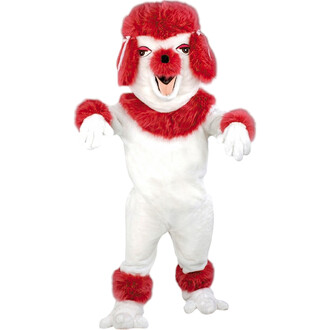 Mascotte de caniche en costume, avec un corps blanc et des détails en fourrure rouge, portant des gants blancs et ayant un visage expressif avec un sourire large. Les oreilles sont également mises en valeur avec de la fourrure rouge.