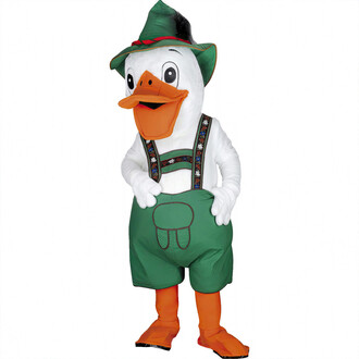 Costume de mascotte représentant un canard souriant, portant un chapeau vert avec une plume, un haut à manches longues blanc et des bretelles décorées. Le canard est habillé d'un pantalon vert et de bottes orange, se tenant debout avec les mains sur les h