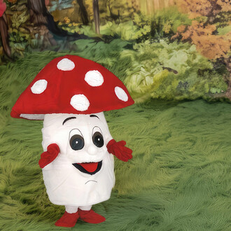 Mascotte de champignon souriante avec un chapeau rouge à pois blancs, des gants rouges et des bottes, se tenant sur un fond de pelouse verte.