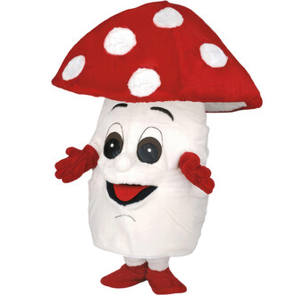 Mascotte de champignon représentant un champignon aux couleurs vives, avec un chapeau rouge à pois blancs. Le personnage a un visage souriant avec de grands yeux expressifs et une bouche ouverte. Ses bras et ses gants sont également rouges, ajoutant un as