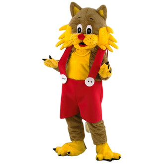 Mascotte de chat cartoon portant une combinaison rouge avec des bretelles, un haut jaune, et des gants en forme de pattes de chat. Le personnage a des yeux ronds, un nez rouge et une large bouche souriante, avec des joues expressives et des moustaches noi