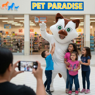 Mascotte de chat en costume avec des yeux grands et expressifs, entourée de plusieurs enfants souriants dans un magasin nommé Pet Paradise. La scène se déroule dans un centre commercial, avec des étagères remplies de produits pour animaux en arrière-plan.