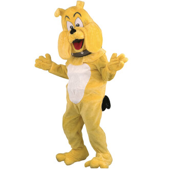 Costume de mascotte représentant un chien cartoon de couleur jaune, avec de grandes oreilles, un sourire large et des yeux expressifs. La mascotte porte un collier et a un ventre blanc. Elle est en position accueillante avec les bras écartés, prête à amus