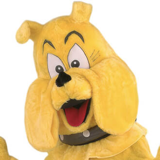 Tête d'une mascotte de chien cartoon, avec un pelage jaune, un large sourire, des yeux ronds et expressifs, et une laisse autour du cou. Les oreilles sont arrondies et tombantes, accentuant l'aspect amical et joyeux du personnage.