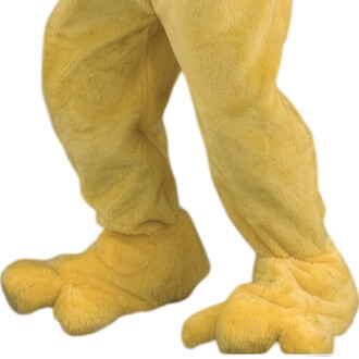 Pattes d'un costume de mascotte de chien cartoon, jaune, avec un pelage doux et des contours arrondis.