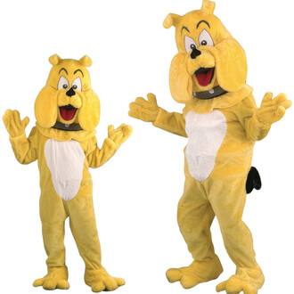 Costume de mascotte représentant un chien cartoon de couleur jaune, avec une grande tête expressive et un sourire. Il est présenté en deux tailles, avec des bras ouverts, et possède une fourrure douce et un ventre blanc. Le costume inclut des détails comm