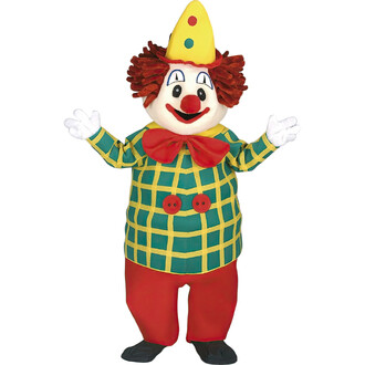 Mascotte clown en costume coloré avec des cheveux rouges bouclés, un chapeau jaune à pois, un visage souriant et un nœud papillon rouge. Le costume est à carreaux verts et jaunes, avec un pantalon rouge et des chaussures noires, les bras ouverts dans une 