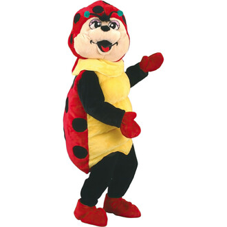 Mascotte coccinelle, costume coloré avec un corps jaune et rouge, orné de taches noires, personnage expressif avec un visage souriant, bras levés dans une pose dynamique, pieds en rouge.