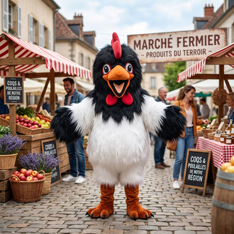 Mascotte Coq en costume noir et blanc avec bec orange et crête rouge, bras écartés, debout sur une place de marché avec étals de fruits et vendeurs.