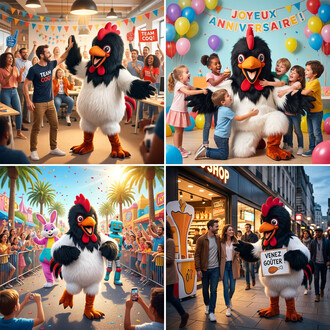 Mascotte coq géant en peluche noir et blanc avec bec orange et crête rouge, montrée dans quatre scènes festives : animation au bureau avec des collègues, fête d’anniversaire entouré d’enfants et de ballons, défilé en ville avec confettis, et mascotte tena