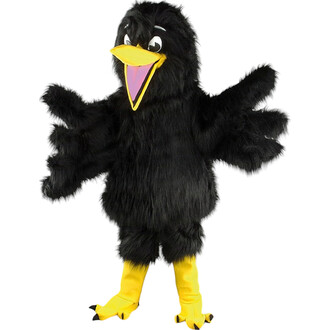 Mascotte de corbeau en peluche noir, avec un grand bec jaune, des yeux animés et des ailes écartées. Les pattes sont également jaunes, ajoutant une touche colorée au costume. La texture est douce et fournie, idéale pour les événements festifs et les anima