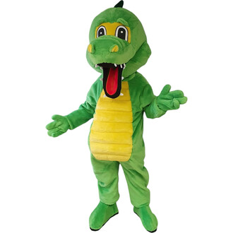 Costume de mascotte de crocodile, de couleur verte, avec une grande tête souriante, des yeux expressifs, un corps en peluche et une bouche ouverte. Le personnage a un ventre jaune rayé et des bras écartés, prêt à interagir avec le public.