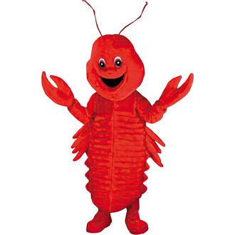 Mascotte d'écrevisse en costume rouge vif, avec de grands yeux ronds et un sourire, tenant les pattes en l'air. Le costume est détaillé avec des segments rappelant la carapace de l'écrevisse.