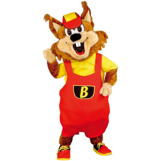 Mascotte en costume d'écureuil cartoon, souriant et faisant un geste de la main, portant une casquette rouge et un costume jaune avec une salopette rouge. Détails de la tenue : un logo avec la lettre B sur la poche de la salopette et des chaussures coloré