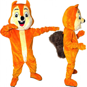 Costume de mascotte en forme d'écureuil, entièrement orange avec des détails en beige sur le ventre et le visage, portant une grande tête de mascotte avec un sourire joyeux et des yeux ronds. La mascotte est vue devant et sur le côté, avec une grande queu