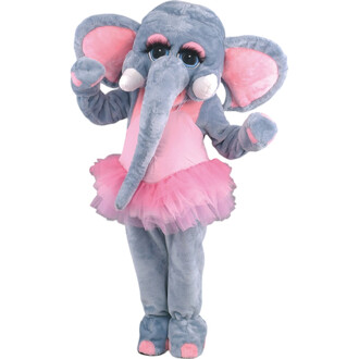 Costume d'éléphant en peluche grise, avec des grandes oreilles roses, un tutu rose et des cils longs, dans une pose joyeuse.