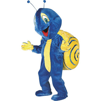 Mascotte en costume d'escargot, avec un corps bleu et une coquille jaune. Le personnage souriant a des yeux expressifs et des antennes. Ses bras sont ouverts, montrant une attitude accueillante et joyeuse. Le costume est douillet et coloré, parfait pour d