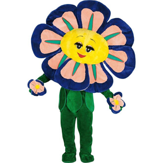 Costume de personnage de fleur coloré, avec une grande tête de fleur souriante aux pétales bleus et roses, portant une tenue verte avec des gants. Le personnage tient une petite fleur dans chaque main.