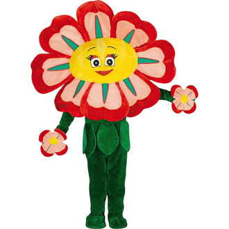 Costume de personnage représentant une fleur colorée avec un visage souriant, des pétales rouges et roses, et un cœur jaune. Le personnage porte des bras en vert avec de petites fleurs dans chaque main. Le bas du costume est vert, évoquant une tige ou des