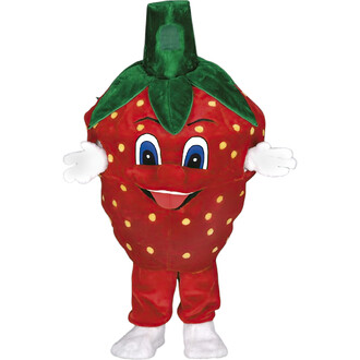 Mascotte de fraise en costume, avec une grande tête ronde rouge ornée de graines jaunes, yeux pétillants, sourire joyeux et mains blanches. Le costume est complété par des feuilles vertes sur le dessus.