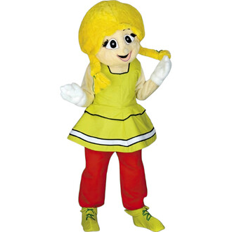 Costume de mascotte représentant une Gauloise avec une robe jaune, un col noir et un bas rouge. Elle a des cheveux blonds en tresses, un visage souriant avec des grands yeux, et porte des gants blancs et des chaussures vertes.