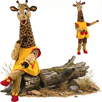 Mascotte de girafe en costume, souriante et portant un tablier jaune, assise sur une souche d'arbre, avec des chaussures rouges. L'arrière-plan montre des éléments naturels comme de l'herbe et des pierres.