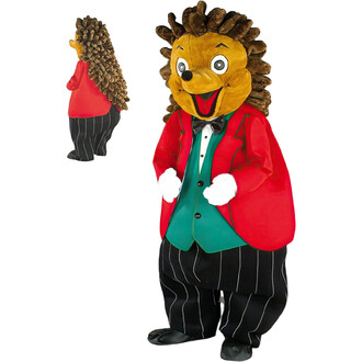 Costume de mascotte représentant Eric le Hérisson, avec une tête en peluche souriante et des épines en faux cheveux. Il porte un smoking élégant rouge et noir, avec un gilet vert et un nœud papillon noir. Le personnage est vu de face dans une pose joyeuse