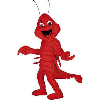 Mascotte en forme de homard, de couleur rouge vif, avec un grand sourire et des yeux expressifs. Elle porte un costume rembourré, avec des pattes et des antennes, adoptant une pose joyeuse et accueillante.