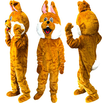 Costume de mascotte représentant un lapin, avec un pelage brun, de grandes oreilles roses, et un visage souriant. Le costume inclut des gants et des bottes assortis, ainsi qu'une queue blanche à l'arrière. Plusieurs angles sont présentés pour montrer les 