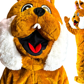 Mascotte de lapin en peluche marron avec un grand sourire, des yeux ronds et un nez noir. Le costume comprend des oreilles roses et une fourrure blanche autour du visage. La mascotte est en posture amicale, avec une main levée, sur fond blanc.