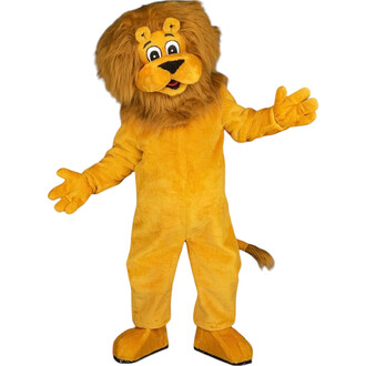 Mascotte Léo le Lion, un costume de lion en peluche jaune vif, avec une grande crinière, des yeux ronds et un sourire amical, levant les bras pour accueillir.