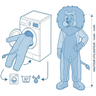 Mascotte Léo le Lion debout à côté d’une machine à laver, montrant le chargement d’un costume dans le tambour; pictogrammes de lavage à 30°C et lavage en machine avec la plage de hauteur utilisateur 1,60–1,90 m.