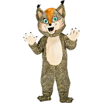 Mascotte Alex le Lynx en costume, souriant et levant les mains. Le costume est coloré avec un motif de pelage de léopard et des détails en orange sur la tête.