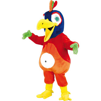 Mascotte représentant un oiseau tropical, vêtu d'un costume coloré principalement rouge et orange, avec une tête bleu et un bec jaune. Les bras et les pattes sont en vert et jaune, et le costume dispose d'un large ventre blanc avec un point noir. La masco